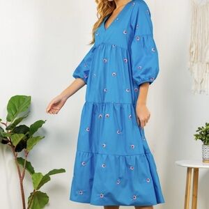 NWT MODA Blue Floral Embroidered Long Sleeve Maxi Dress